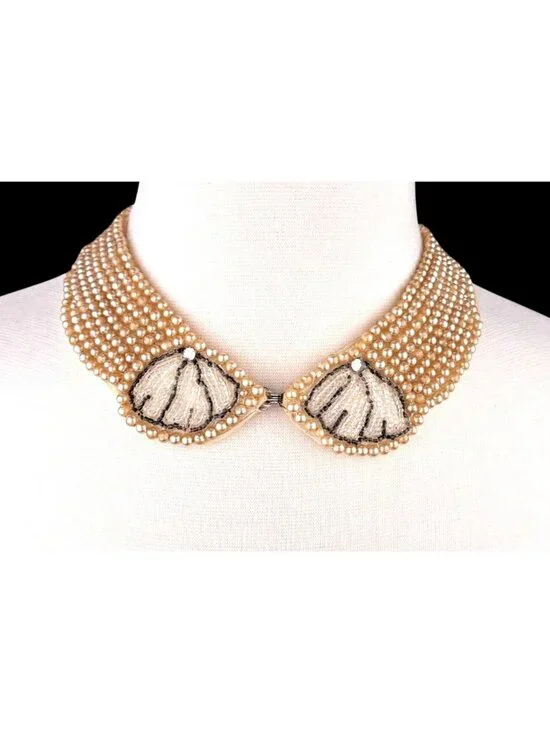 Vintage Faux Pearl Beaded Collar Sweater Necklace Shell Motif 1950s Rhinestone - Picture 2 of 7